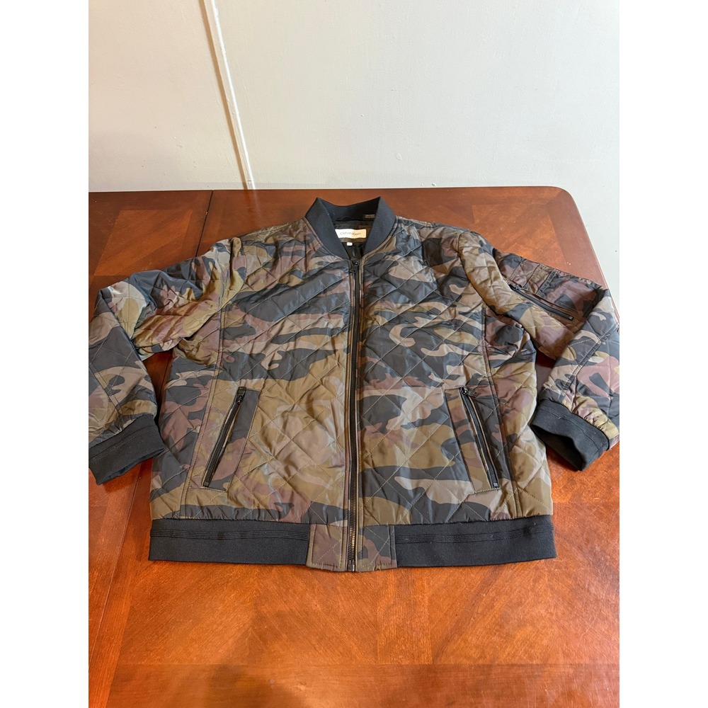Calvin Klein Mens XL Camo Quilted Bomber Jacket Full Zip Green Brown Black